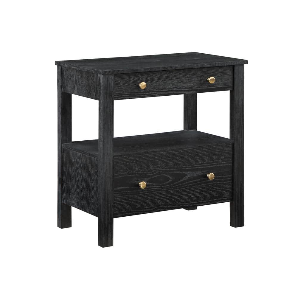 Delano Black Oak Veneer 2-Drawer Nightstand with Gold Knobs