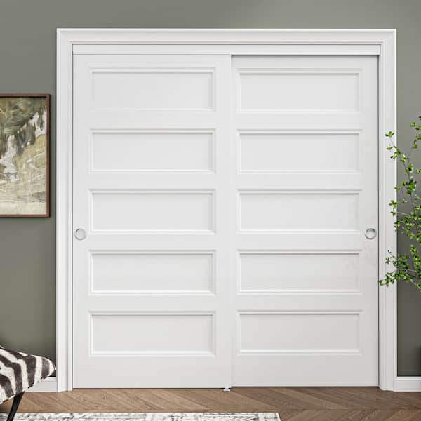 72 in. x 80 in. Paneled 5-Lite White Primed MDF Composite Sliding Door with Hardware