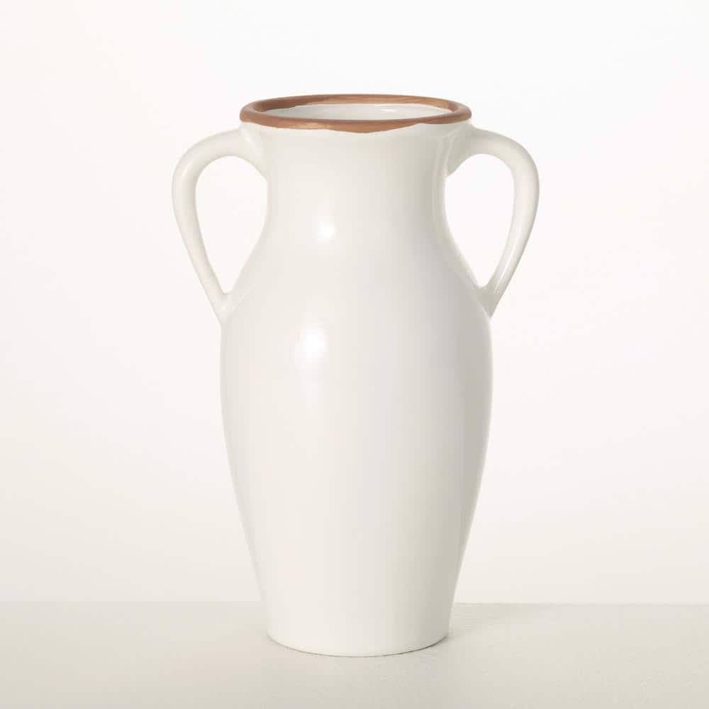 Sleek White Ceramic Vase with Natural Rim and Handles 11"x6"