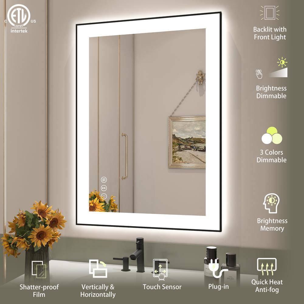 28" x 20" Black Aluminum Rectangular LED Bathroom Mirror