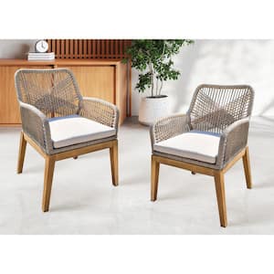 Ottawa Beige Arm Wood Rope Outdoor Dining Chair with Beige Cushion (2-Pack)