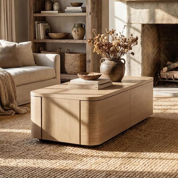 Homsee 55 in. Natural Oak Rectangle Wood Coffee Table with 4