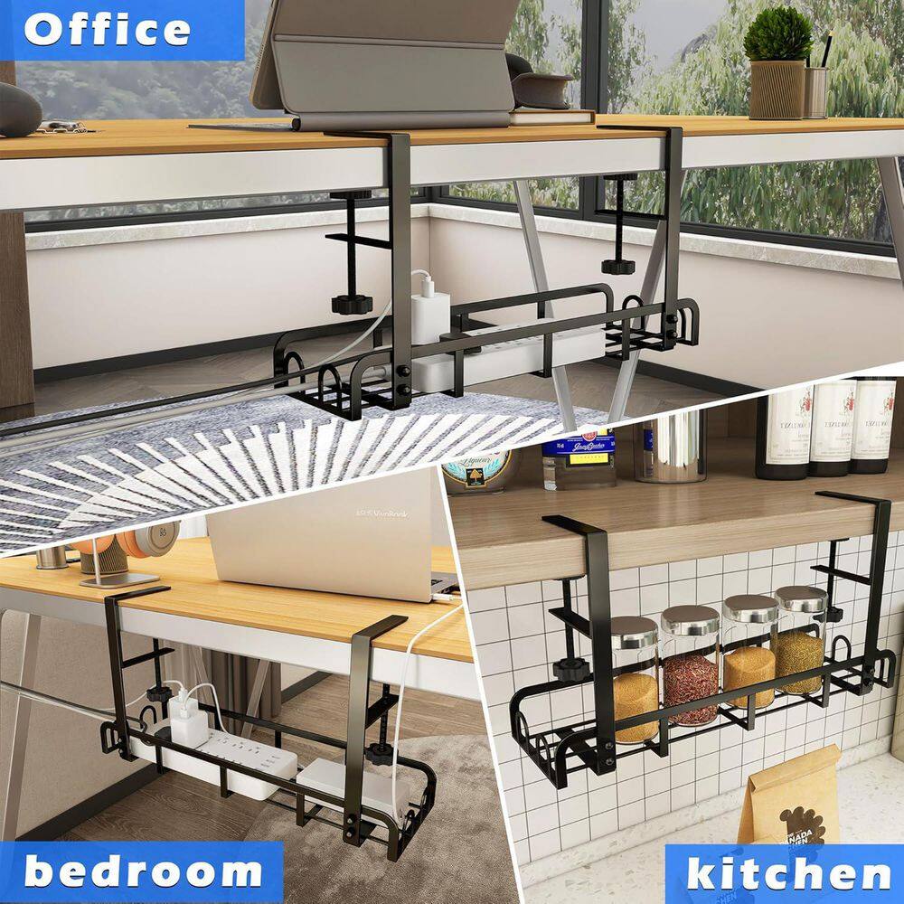 Under Desk Cable Management Tray in Black with Clamp, No Drill Steel Organizer for Wires, Upgraded Long Arm Design - Thumbnail 4