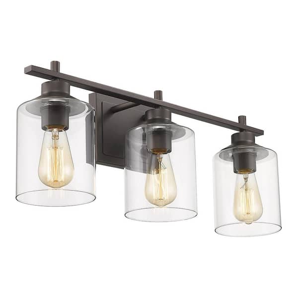 JAZAVA 24.2 in. 3-Light Oil Rubbed Bronze Vanity Light with Clear Glass Shade Wall Sconce Lighting Over Mirror