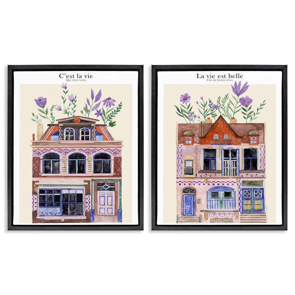 Floral Houses Architecture by Melissa Wang 2 Pieces Black Floater Frame Nature Graphic Art Print 21 in. x 17 in.