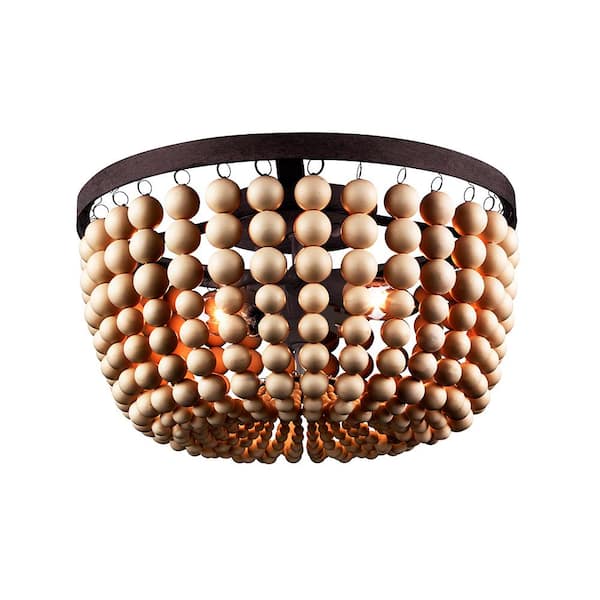 Monteaux Lighting 13 in. 2-Light Bronze Beaded Flush Mount Ceiling Light Fixture with Faux Wood Bead Shade