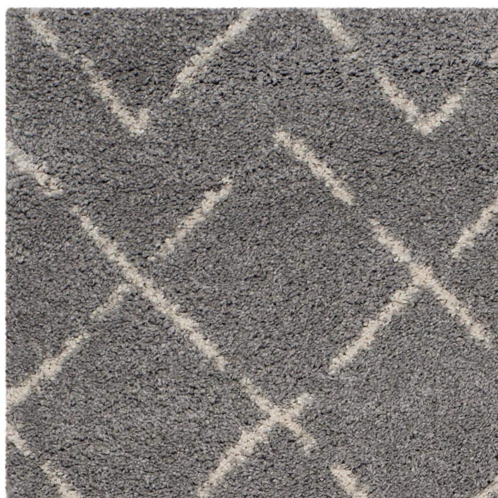 Grey and Ivory Geometric Shag 4' x 6' Area Rug