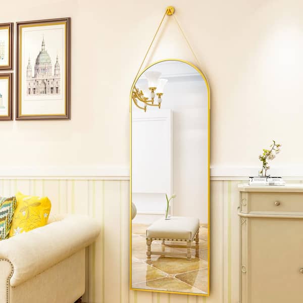 XRAMFY 16 in. W x 48 in. H Arched Modern Gold Aluminum Alloy Framed Full Length Mirror Wall Mirror