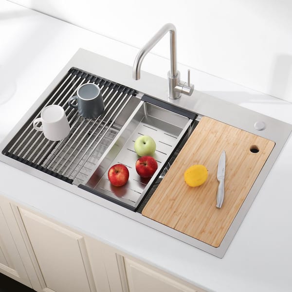 36 in. x 22 in. Brushed Stainless Steel Single Bowl Drop-In Workstation Kitchen Sink with Accessories