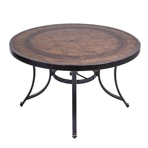 Brown 48 in. Round All-Weather Faux Wood Top Outdoor Dining Table with Umbrella Hole