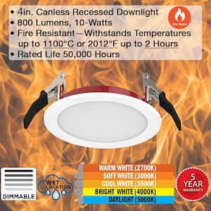 4 in. Fire Rated Canless Integrated LED Recessed Light Trim Downlight 800 Lumens Adjustable CCT Dimmable