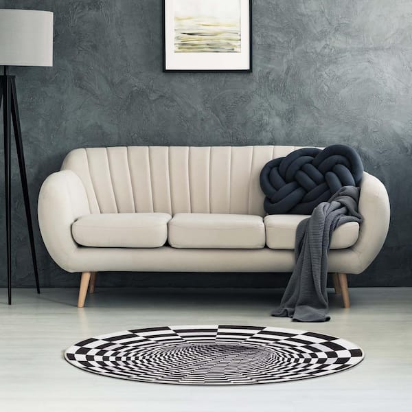 Apollo Vortex Modern Optical Illusion Black Ivory 5 ft. 3 in. x 5 ft. 3 in. Round Area Rug