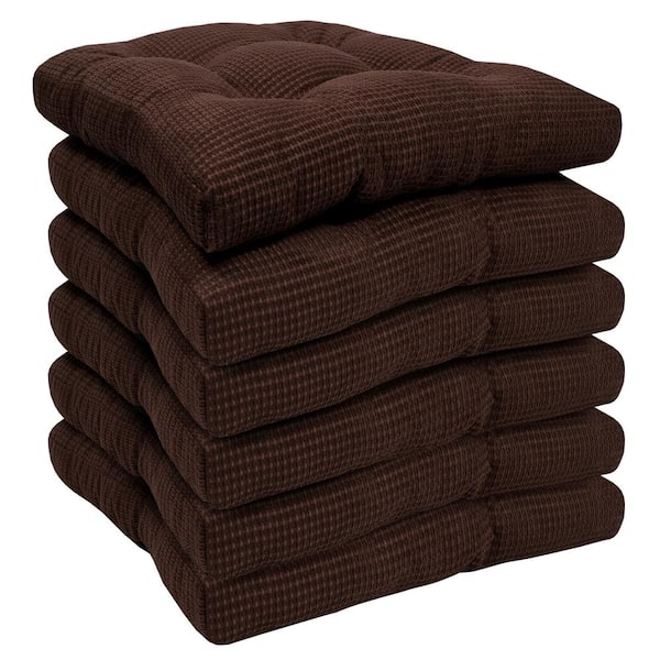 Fluffy Tufted Memory Foam Square 16 in. x 16 in. Non-Slip Indoor/Outdoor Chair Cushion with Ties, Chocolate (6-Pack)