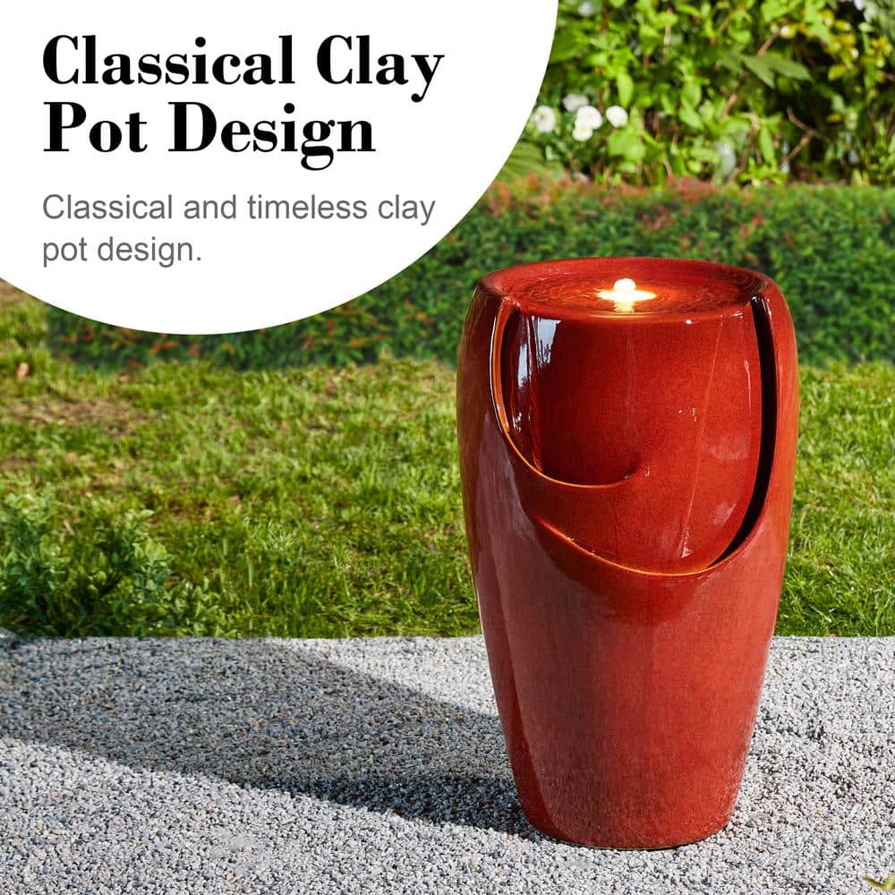 21.25" Red Ceramic Pot Fountain with LED Light