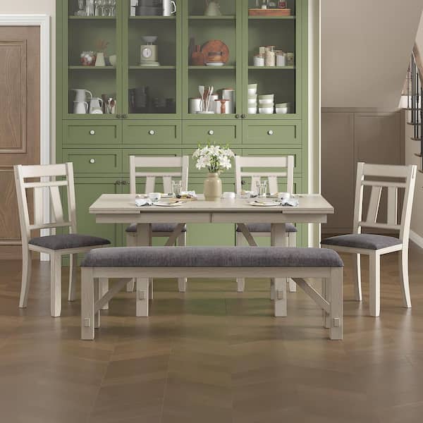 6-Piece Gray Extendable Dining Table Set with 4-Cross-Back Chairs and Upholstered Bench, Wood Kitchen Table (Set for 6)