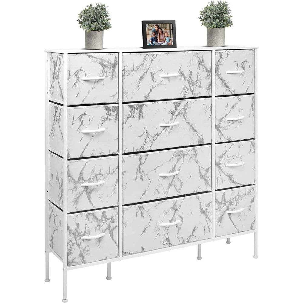 Sorbus White 12-Drawer Vertical Dresser with Marble Print Fabric Bins