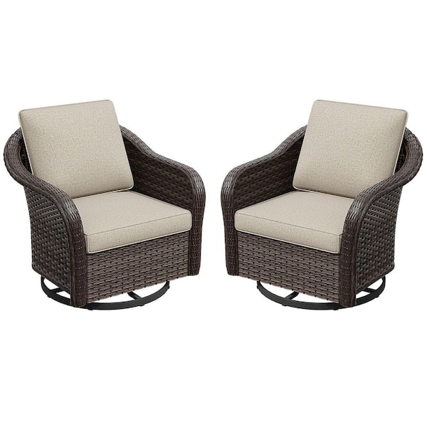 Deep Brown Swivel Wicker Outdoor Lounge Chair with Beige Cushions (2-Pack)