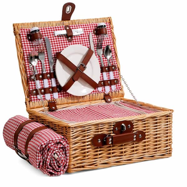 Wicker Picnic Basket Set for 2 with Cooler Liner, Blanket, and Mr and Mrs Wine Glasses, 15.7 x 11.8
