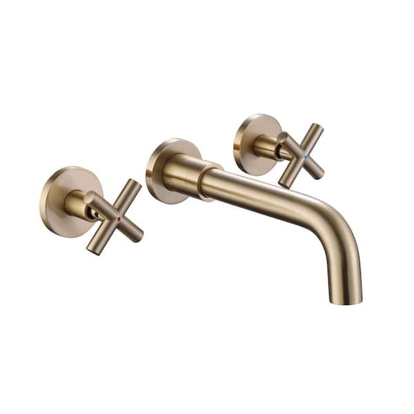 FORCLOVER Double Handle Wall Mounted Bathroom Faucet with Swivel Spout in Brushed Gold