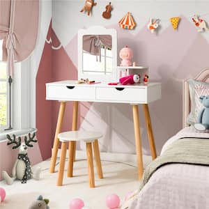 Kid Vanity Table Chair Set with Mirror Large Storage Drawers Wooden Legs White