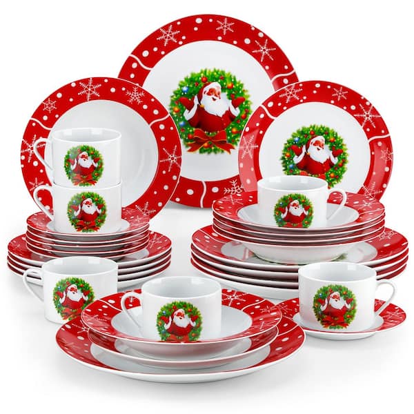 30 Piece Porcelain Santa Claus Red Dinnerware Set for Christmas Festive and Family Gatherings, Service for 6