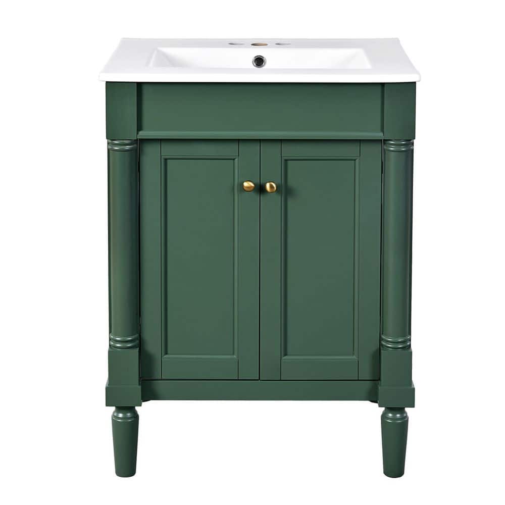 24 in. W Single Sink Freestanding Bath Vanity in Green with White Ceramic Top and Adjustable Shelf price history on PriceWatchPro