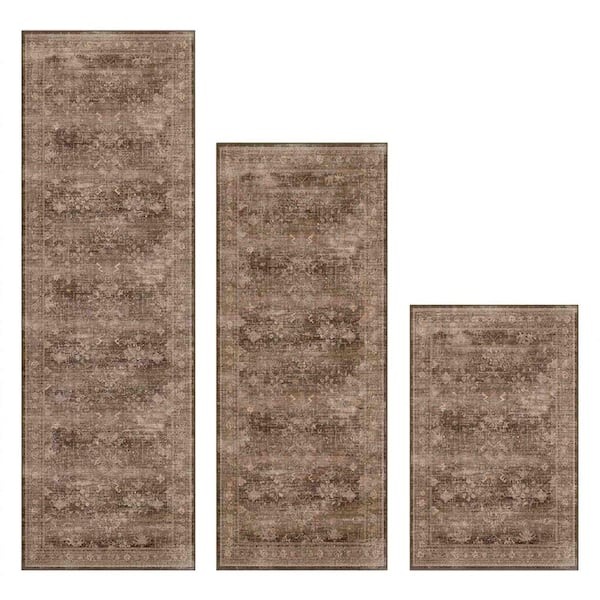 Brown 59 in. x 20 in. Indoor Non Slip Washable Kitchen Rugs and Mats Set of 3