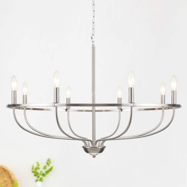 ADSENSTY 8-Light Sand Nickel Farmhouse Wagon Wheel Vintage Candle Chandelier