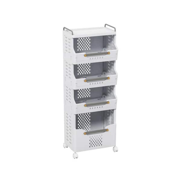 4-Tier White Heavy Duty Plastic Rolling Mobile Storage Utility Kitchen Cart with Wheels for Spice, Condiments
