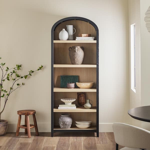 Welwick Designs Arched 76 in. Tall Black Wood 5-Shelf Bookcase with ...