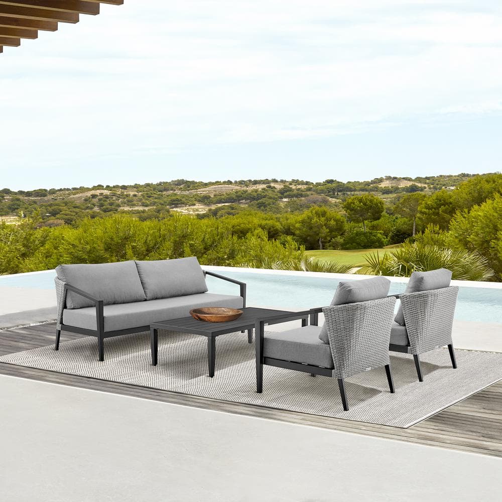 Aileen Black 4-Piece Aluminum Patio Conversation Set with Dark Grey Cushion
