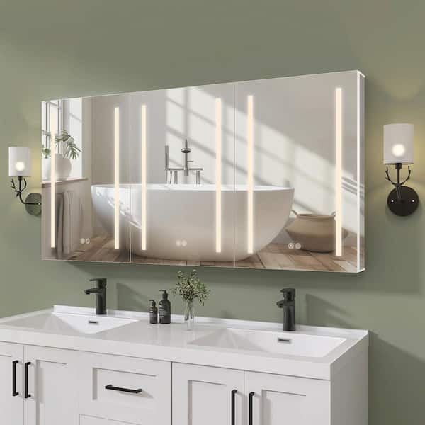 Getpro 60 in. W x 30 in. H Rectangular Aluminum Recessed/Surface Mount White Medicine Cabinet with Mirror and LED Light