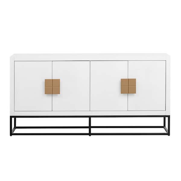 63.00 in. W x 15.60 in. D x 29.90 in. H White Linen Cabinet Sideboard with 4-Doors and Adjustable Shelves