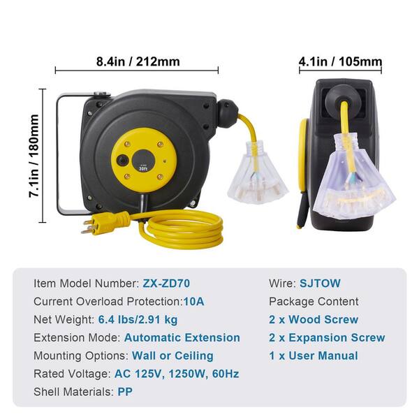 SVOPES Retractable Extension Reel, 30 ft. 16 / 3,10 Amp