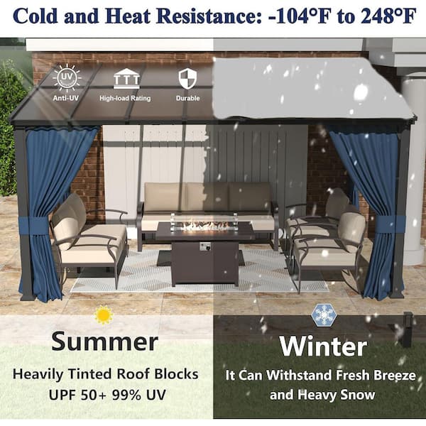 10 ft. x 14 ft. Brown Hardtop Wall Mounted Gazebo with Sloping Pitched Roof and Curtain Navy Blue