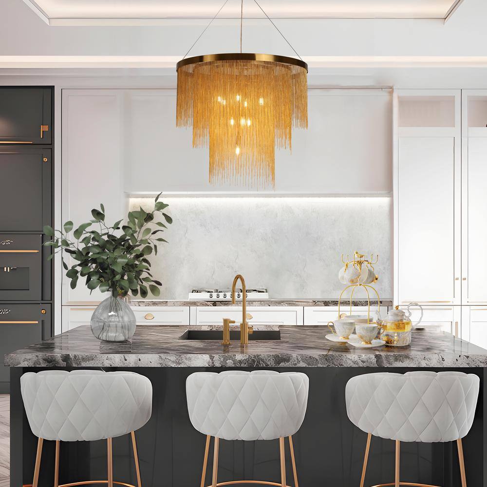 Gold 3-Tier Chain Tassel Drum Chandelier