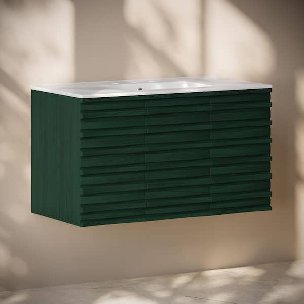 Cascade 36 in. Wall-Mounted Bath Vanity in Green Oak with White Ceramic 3-Hole Widespread Sink Top