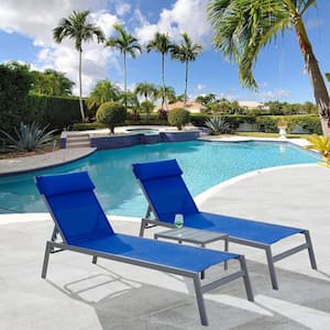 3-Piece Metal Outdoor Chaise Lounge, Pool Lounge Chairs with Side Table, Adjustable Recliner All Weather, Blue