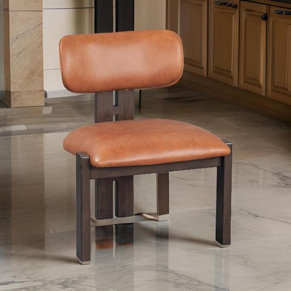 Benjara Tan and Brown Leather Wooden Frame Dining Chair