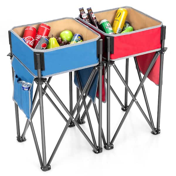 Costway 2-Pices Blue and Red Fabric Folding Camping Tables w/Large Capacity Storage Sink for Picnic