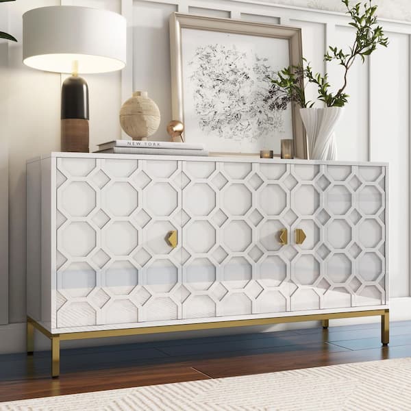 Clihome Modern White 26.22 in. H 3-Door Storage Cabinet with Honeycomb Pattern, Adjustable Shelves and Gold Metal Legs