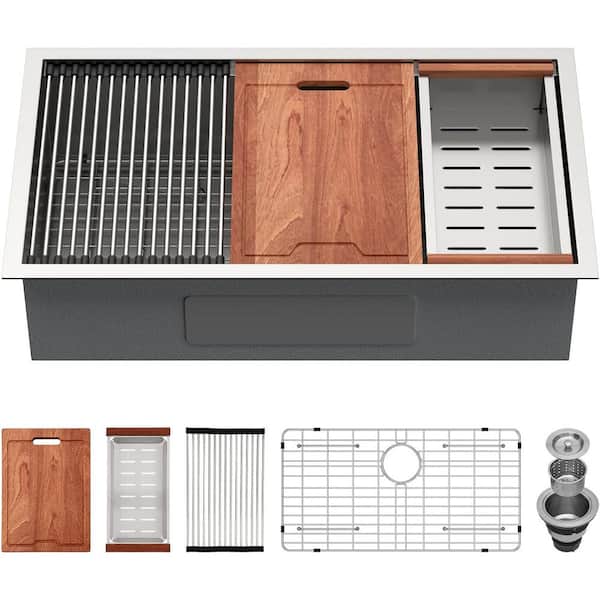 16 Guage Stainless Steel 32 in. Single Bowl Undermount Workstation Kitchen Sink with All Accessories