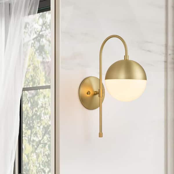 HUOKU Nimbus 1-Light Brass Wall Sconce with Half-Globe Opal Glass Shade and Gooseneck Arm for Bedroom and Living Room