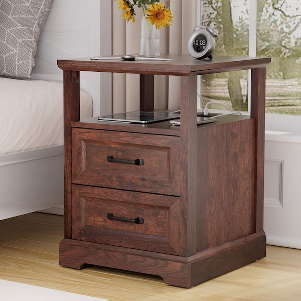 Farmhouse Maroon Brown 2-Drawer 17.7 in. W Nightstand with Charging Station and Open Shelf