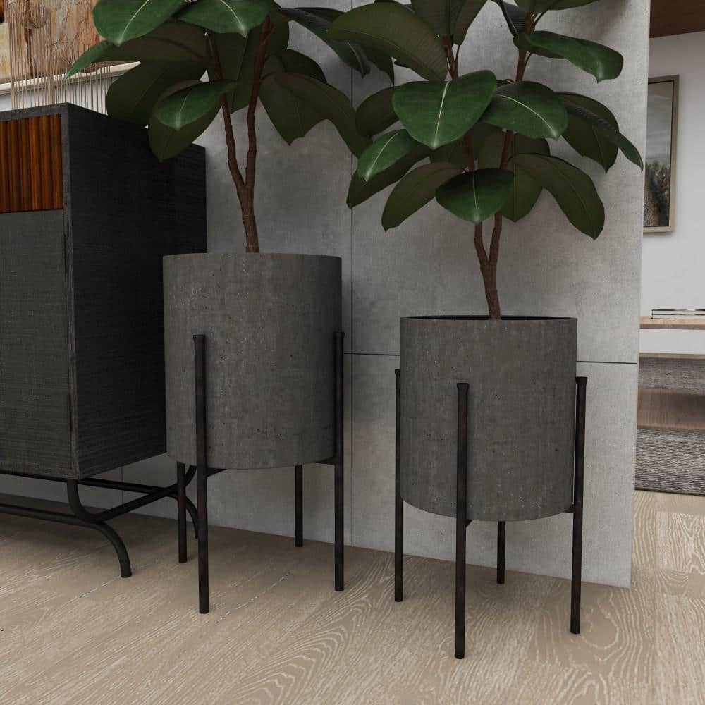 Modern Gray Iron Planters Set of 2 with Removable Stand - Indoor/Outdoor