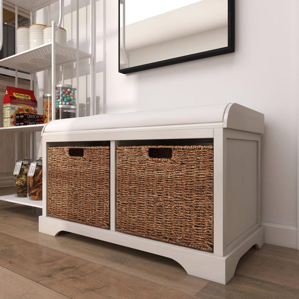 Elegant White Linen Cushioned Storage Bench with Wicker Baskets