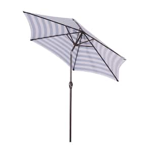 9 ft. White Blue with Striped Round Stylish Colorful Outdoor Patio Market Umbrella with Button Tilt and Crank System