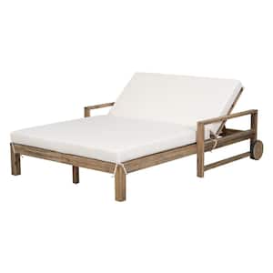1-Piece Wooden Outdoor Day Bed Sunbed with Beige Cushions