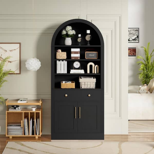 Black MDF Wood 70.9 in. Tall Arched Bookshelf Storage Cabinet with 1 Drawer and 2 Doors