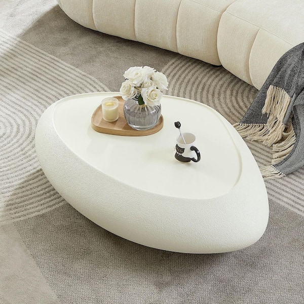 Lapis 47.24 in. W White Oval Glass Fibre Elliptical Coffee Table, Faux Matte Rocks Table